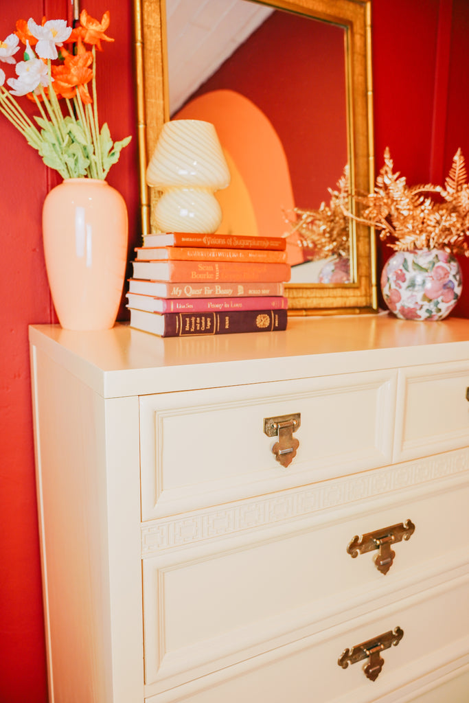 Dixie Shangri La dresser freshly lacquered in a creamy gloss. Original brass handles, polished. Cleaned, refurbed and polished back to perfection. This one is from the 1970s Dixie Shangri La collection.